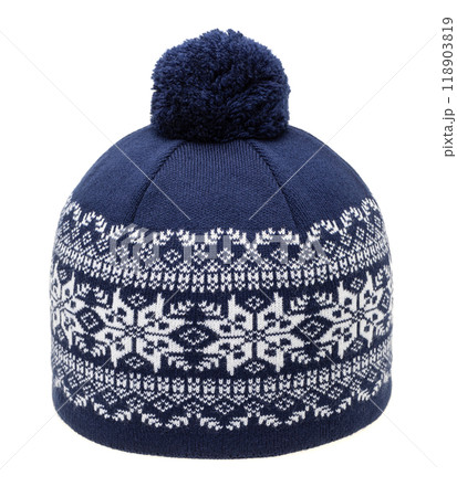 Knitted winter hat with nordic geometric ornament and pompon isolated Knitted winter hat with nordic geometric ornament and pompon isolated 118903819