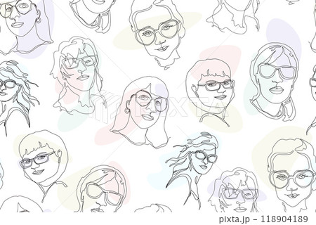 Continuous one line drawing. Seamless pattern from portraits of women and girls in minimalistic modern style on the white background. 118904189