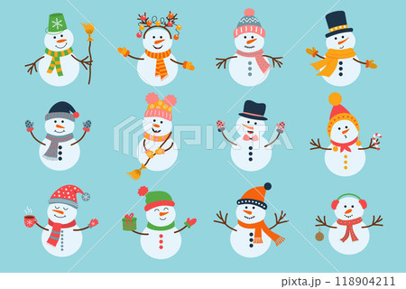Set of christmas snowman isolated on blue background. Cute winter characters in scarf and hat.  118904211