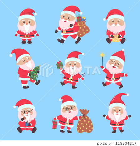 Santa Claus characters set. Cute cartoon Santa claus with beard in xmas costume with different poses.  118904217