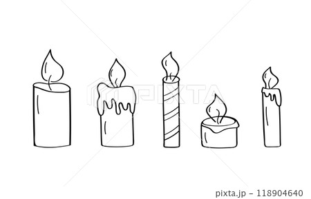 Vector sketch set of burning candles. Hand drawn doodle icon. Isolate on a white background. Vector sketch set of burning candles. Hand drawn doodle icon. Isolate on a white background. 118904640