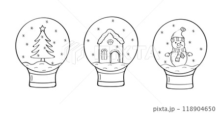 Christmas glass sphere doodle icons set. Vector illustration of a snowman, a Christmas tree and a gingerbread house in a decorated snow glass ball. 118904650