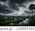 Dark cemetery with photorealistic horror storm noir. 118905344