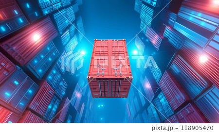 Floating red shipping container in a futuristic environment 118905470