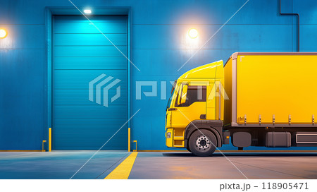 Large yellow truck parked beside a blue warehouse door 118905471