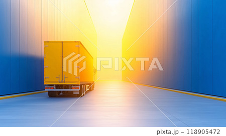 Yellow truck driving towards sunset in a shipping container yard 118905472