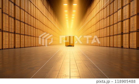 Golden storage facility with crates illuminated in warm light 118905488