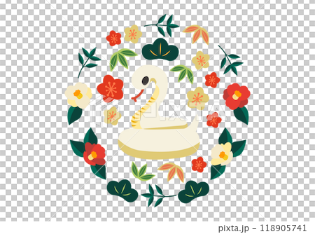 白のとぐろを巻いたへび 松竹梅と椿のあしらいイラスト 白のとぐろを巻いたへび 松竹梅と椿のあしらいイラスト 118905741