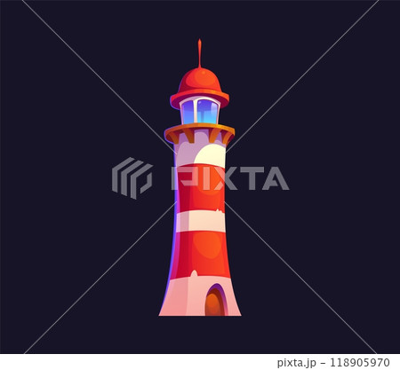 Cartoon lighthouse beacon building. Vector nautical seafarer with a glass window and red or white stripes. Marine safety sailing searchlight tower for maritime guidance, sea navigational architecture Cartoon lighthouse beacon building. Vector nautical seafarer with a glass window and red or white stripes. Marine safety sailing searchlight tower for maritime guidance, sea navigational architecture 118905970