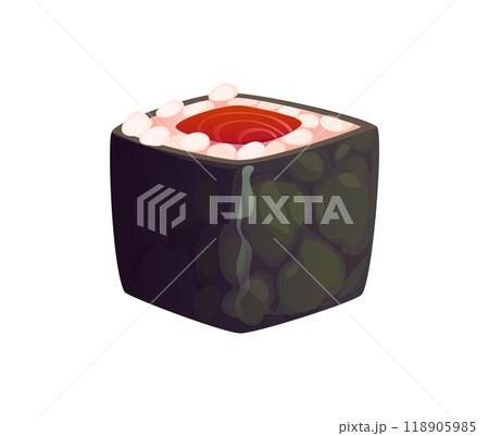 Cartoon Japanese sushi roll wrapped in nori seaweed sheet, contains neatly packed rice and a piece of fresh tuna in the center. Isolated vector traditional japan food delicacy, seafood restaurant menu 118905985
