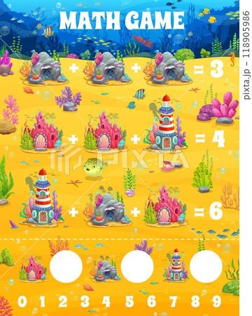 Kids education math game with underwater fairytale houses and homes, vector worksheet. Mathematics education quiz game for counting and calculation with undersea fish homes or ocean houses town 118905986