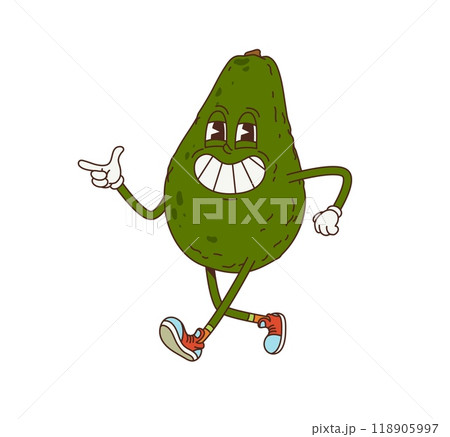 Cartoon groovy avocado vegetable character. Isolated vector tropical fruit personage with a big smile, cool sneakers and cheerful face, pointing and representing relaxed, fun and playful retro vibes Cartoon groovy avocado vegetable character. Isolated vector tropical fruit personage with a big smile, cool sneakers and cheerful face, pointing and representing relaxed, fun and playful retro vibes 118905997