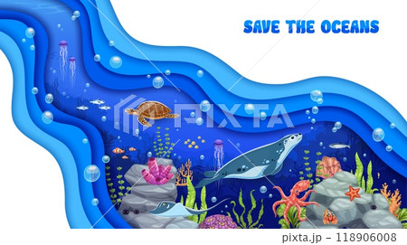 Save the ocean paper cut poster with underwater landscape and marine animals as a turtle, fish, jellyfish, octopus, seal and coral reefs, conveys themes of environmental conservation, ocean protection 118906008