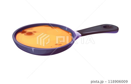 Frying pan with a partially cooked pancake inside. Isolated cartoon vector cooking process or making breakfast scene with sweet treat preparation, emphasizing home food cook and kitchen activities 118906009