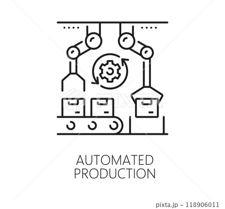Manufacture conveyor, automatic and manual production line icon. Industry manual production line, warehouse supply chain automatic equipment or factory robot automation technology linear vector icon Manufacture conveyor, automatic and manual production line icon. Industry manual production line, warehouse supply chain automatic equipment or factory robot automation technology linear vector icon 118906011