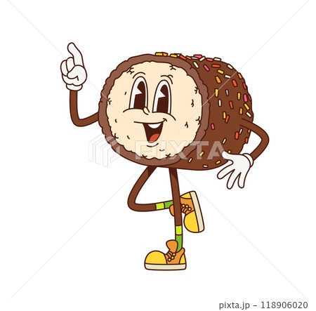 Cartoon retro groovy japanese chocolate namagashi dessert character. Isolated vector pastry, traditional sweets of japan, personage with cheerful smile and expressive face, flashing pointing gesture Cartoon retro groovy japanese chocolate namagashi dessert character. Isolated vector pastry, traditional sweets of japan, personage with cheerful smile and expressive face, flashing pointing gesture 118906020