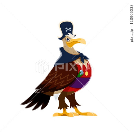 Cartoon eagle bird pirate or Caribbean captain in tricorne hat, vector character. Eagle bird pirate corsair in tricorn hat with crossbones and dagger sword, seaman boatswain zoo animal character 118906038