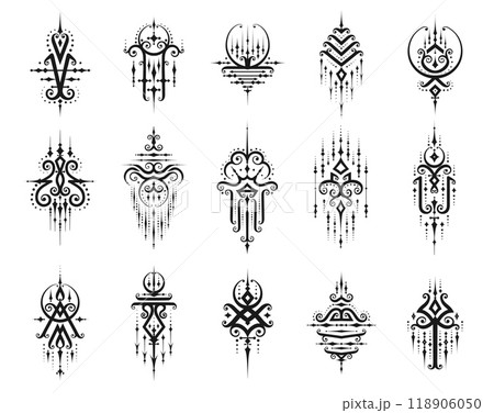 Sacred oriental Thai symbols and Buddhism religious signs for tattoo or Yantra Sak Yant, vector icons. Thailand ethnic sacred ornaments of Thai Buddha culture symbols for Sak Yant Yantra tattooing art 118906050