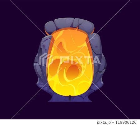 Fantasy game magic portal door, game asset. Cartoon vector powerful magical doorway within a stone arch, glowing intensely with fiery orange and yellow. Witchcraft gates for time travel adventures 118906126
