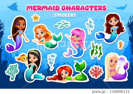 Cartoon mermaid characters stickers of cute underwater little girls with sea animals, vector icons. Cartoon baby mermaid characters of undersea water princess and pretty sirens in ocean water Cartoon mermaid characters stickers of cute underwater little girls with sea animals, vector icons. Cartoon baby mermaid characters of undersea water princess and pretty sirens in ocean water 118906131