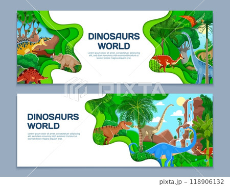 Prehistoric dinosaurs paper cut banners with cartoon Jurassic lizard characters, vector background. Dino world banners in paper cut for paleontology museum, kids dinosaurs atlas book or encyclopedia 118906132