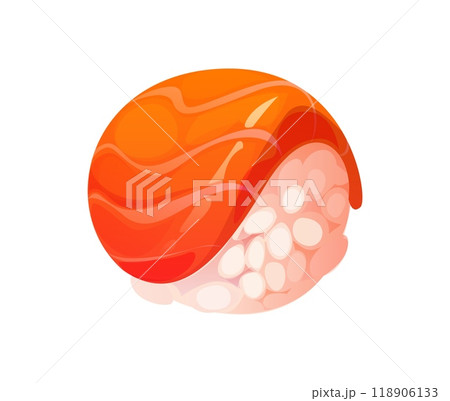 Cartoon Japanese temari sushi roll. Isolated vector piece of raw salmon slice atop a ball of vinegared rice. Fresh and appetizing Japan food meal, seafood culinary dish, Asian restaurant delicacy Cartoon Japanese temari sushi roll. Isolated vector piece of raw salmon slice atop a ball of vinegared rice. Fresh and appetizing Japan food meal, seafood culinary dish, Asian restaurant delicacy 118906133