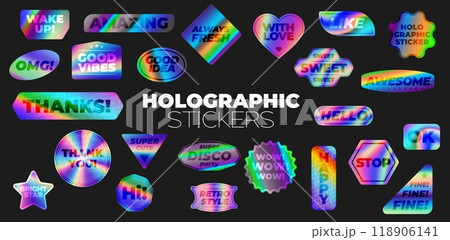 Hologram gradient stickers, y2k iridescent labels. Geometric shape vector badges and tags of neon color iridescent foil. Heart, star, circle and sun, oval and triangle shaped y2k hologram stickers set 118906141