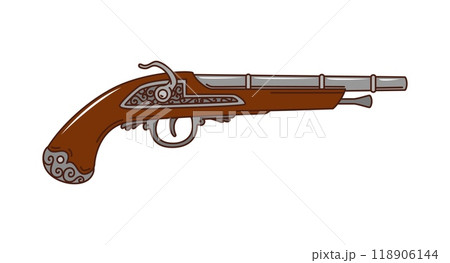 Musket gun, retro cartoon groovy pirate and corsair vintage pistol. Isolated vector old powder revolver, antique weapon for musketeer, cowboy or filibuster. Handgun in hippie nostalgic y2k funky style Musket gun, retro cartoon groovy pirate and corsair vintage pistol. Isolated vector old powder revolver, antique weapon for musketeer, cowboy or filibuster. Handgun in hippie nostalgic y2k funky style 118906144