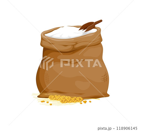 Rye flour bag. Isolated cartoon vector large brown sack filled with flour, accompanied by a bundle of stalks and wooden scoop, represents agriculture, baking, and natural ingredients for culinary Rye flour bag. Isolated cartoon vector large brown sack filled with flour, accompanied by a bundle of stalks and wooden scoop, represents agriculture, baking, and natural ingredients for culinary 118906145