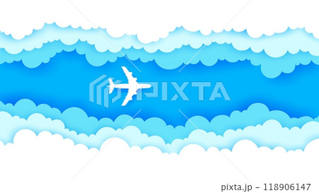 Paper cut plane in white sky clouds. Vector papercut airplane flying in bright blue sky surrounded by white, 3d clouds frame, conveys a sense of travel, adventure, aviation and and air transportation 118906147