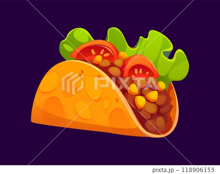 Cartoon Mexican tacos fast food. Isolated vector tex mex fastfood snack. Traditional meal of Mexico, takeaway latin dish made of corn or wheat tortilla with grilled chicken meat and fresh vegetables 118906153
