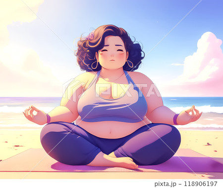 ビーチで迷走する太った女性のイメージ素材 118906197