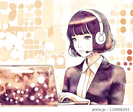 ヘッドセットをつけて働く女性オペレーターのイメージ素材 118906201