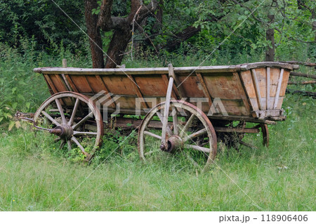 Traditional country cart in nature background. Vintage wooden transport.  118906406
