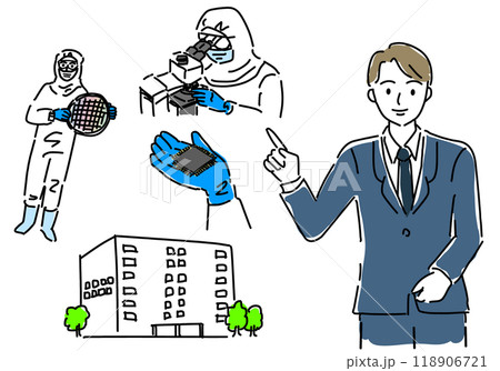 半導体について説明する男性のラフな手描き線画 118906721