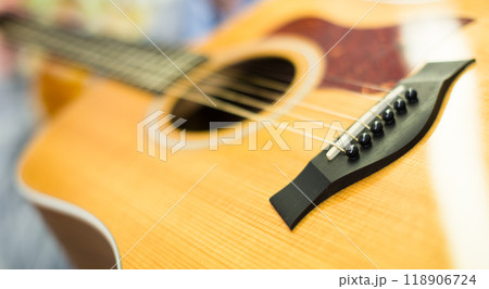 Close up of bridge wuth strings of guitar Close up of bridge wuth strings of guitar 118906724