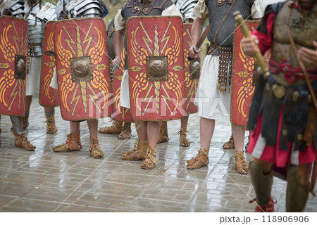 Roman Soldiers with Shields in Historical Reenactment Roman Soldiers with Shields in Historical Reenactment 118906906
