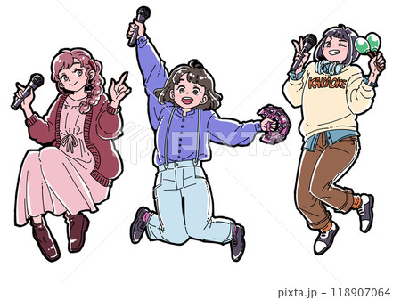 カラオケを楽しむ3人の女の子のイラスト 118907064
