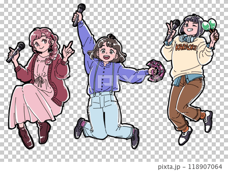 カラオケを楽しむ3人の女の子のイラスト 118907064