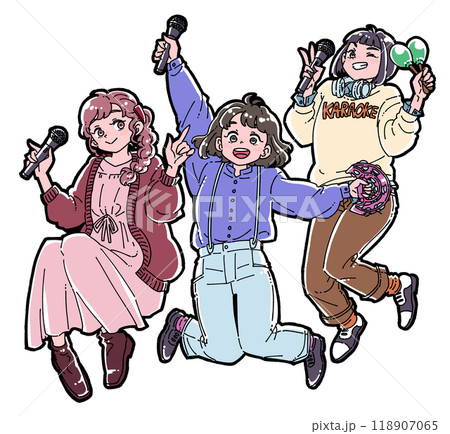 カラオケを楽しむ3人の女の子のイラスト 118907065