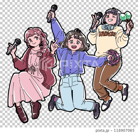 カラオケを楽しむ3人の女の子のイラスト 118907065