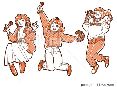カラオケを楽しむ3人の女の子のイラストのイラスト素材 [118907066
