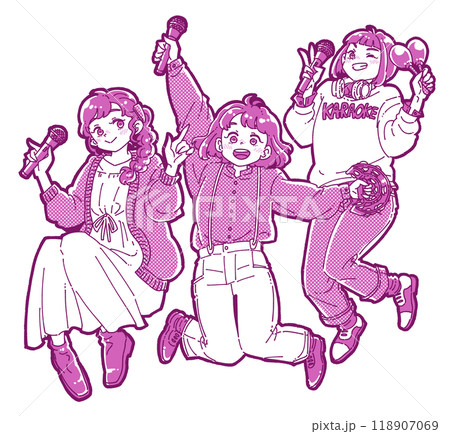 カラオケを楽しむ3人の女の子のイラスト カラオケを楽しむ3人の女の子のイラスト 118907069