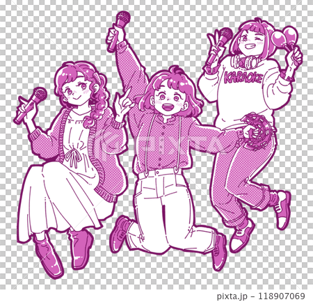 カラオケを楽しむ3人の女の子のイラスト カラオケを楽しむ3人の女の子のイラスト 118907069