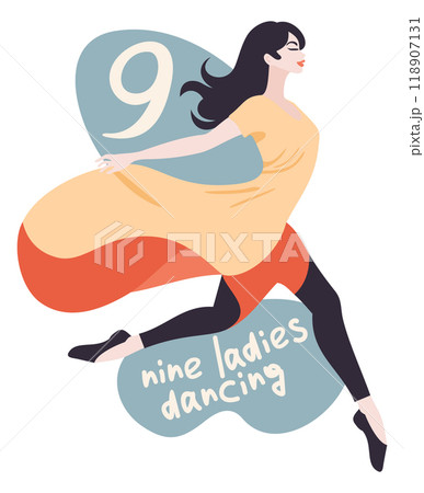 Nine ladies dancing. The twelve days of Christmas. English Christmas carol. Ninth day. Vector isolated illustration 118907131