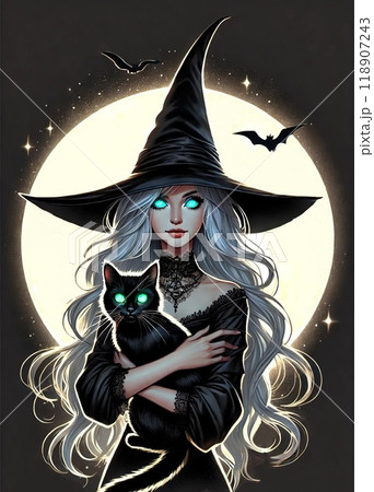 HALLOWEEN 魔女と黒猫　ダークファンタジー風イラスト2【AI生成画像】 118907243