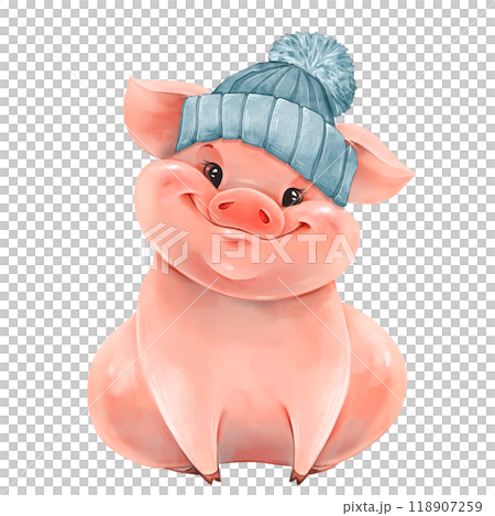 Pig in blue hat. Cute animal illustration isolated on white. 118907259