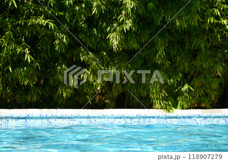 Blurred abstract background with swimming pool as foreground and bamboo forest as backdrop for design your products for swimming . Blurred abstract background with swimming pool as foreground and bamboo forest as backdrop for design your products for swimming . 118907279