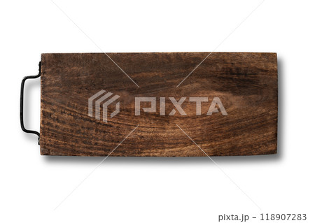 Wooden stylish cutting board with black metal handle isolated on white background. View from above. Cooking concept. 118907283