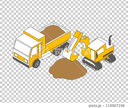 砂の積載作業をするダンプとショベルカー 118907286